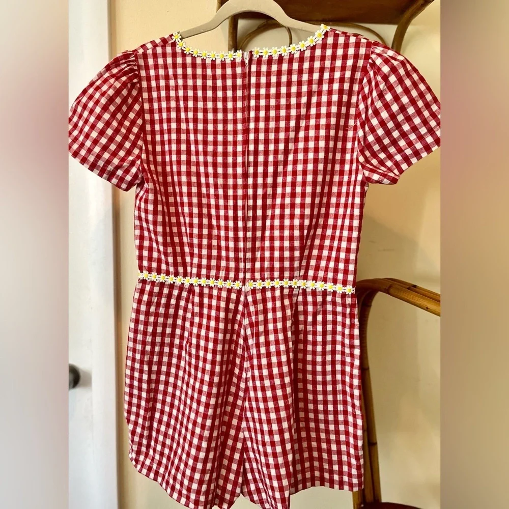 Romper Unique Vintage Shorts Red White Gingham Check Daisy Trim Size L10-12 - Picture 7 of 7